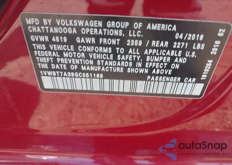 2016 Volkswagen Passat 1.8T Se z USA, uszkodzony, nr VIN 1VWBT7A38GC051169